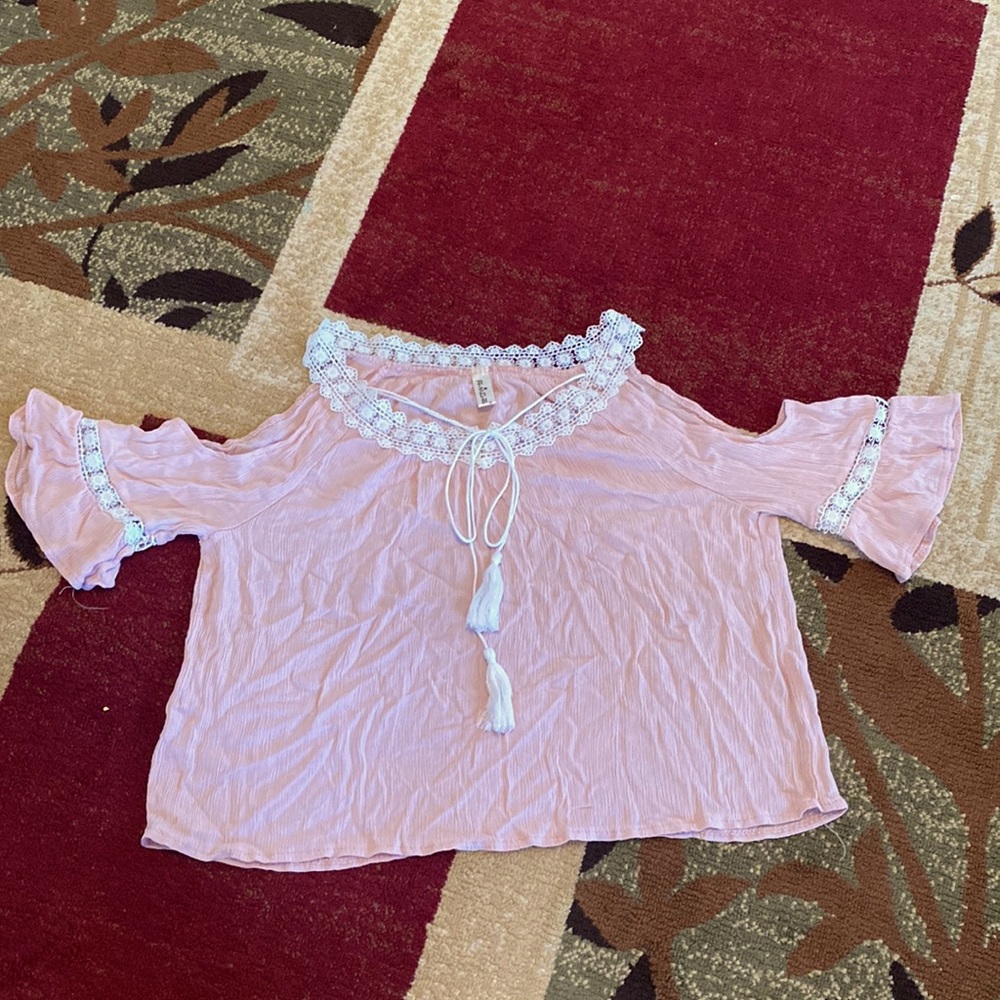4 for $25 Pink Cold Shoulder Lace Detail Blouse